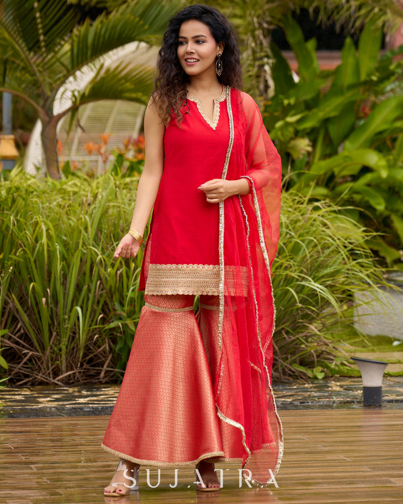 Chic Red Silk Embellished Kurta with Additional Brocade Gharara Bottom and Dupatta Additional