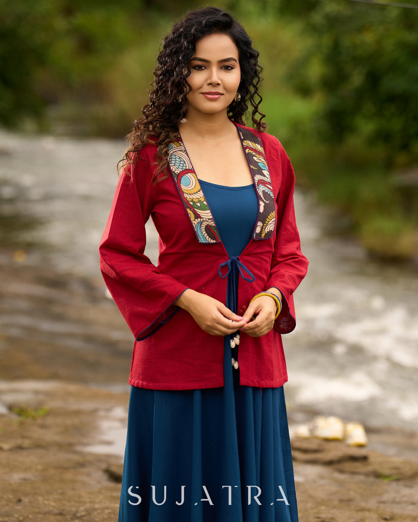 Festive Red Kalamkari Jacket with Shell Tassels – Styled with Rayon Dress