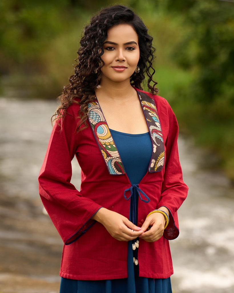 Festive Red Kalamkari Jacket with Shell Tassels – Styled with Additional Rayon Dress