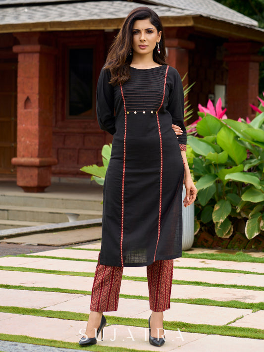 Elegant black cotton pintuck kurta adorned with Ajrak border - ajrak pant optional