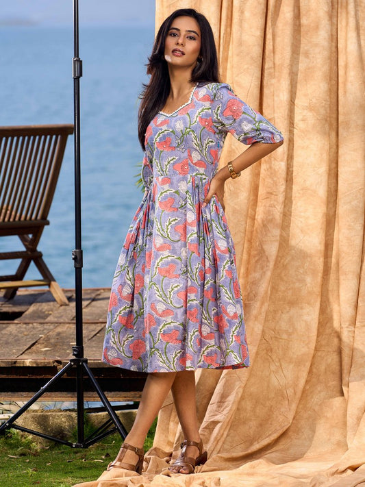 Lilac Bloom Cotton Pleated Dress With Scarlet Floral Print