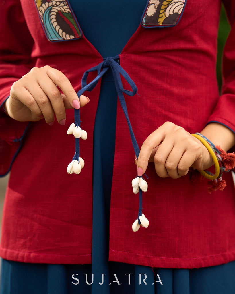 Festive Red Kalamkari Jacket with Shell Tassels – Styled with Rayon Dress