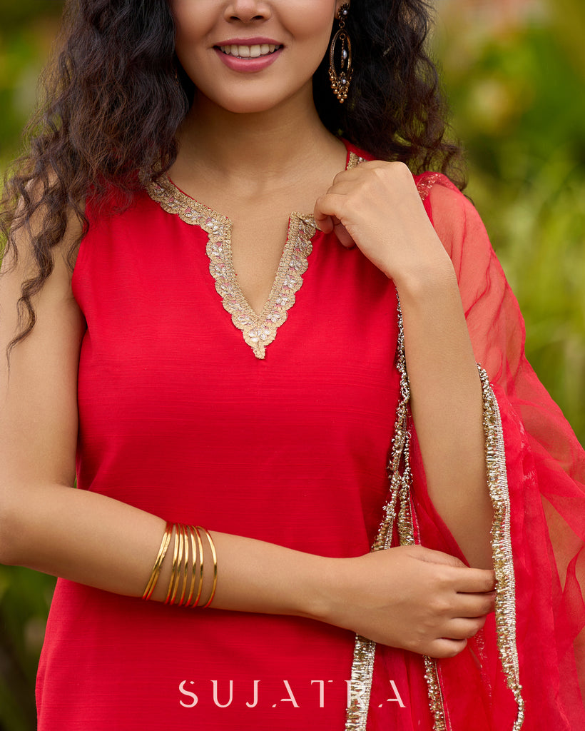 Chic Red Silk Embellished Kurta with Additional Brocade Gharara Bottom and Dupatta Additional