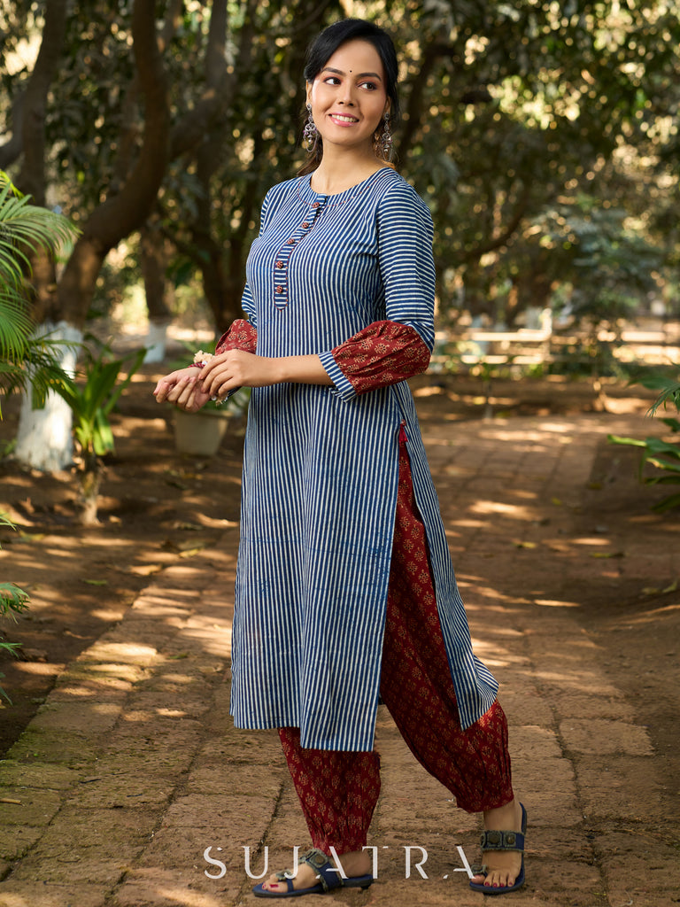 Chic Indigo Striped Kurta with Contrast Ajrakh Sleeves and Handcrafted Detailing on Neckline