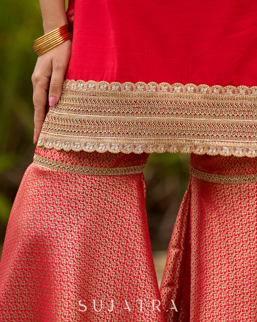 Chic Red Silk Embellished Kurta with Additional Brocade Gharara Bottom and Dupatta Additional