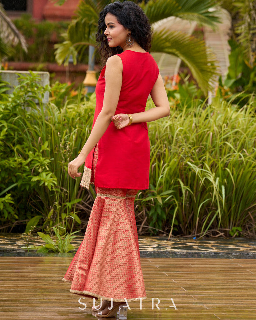 Chic Red Silk Embellished Kurta with Additional Brocade Gharara Bottom and Dupatta Additional