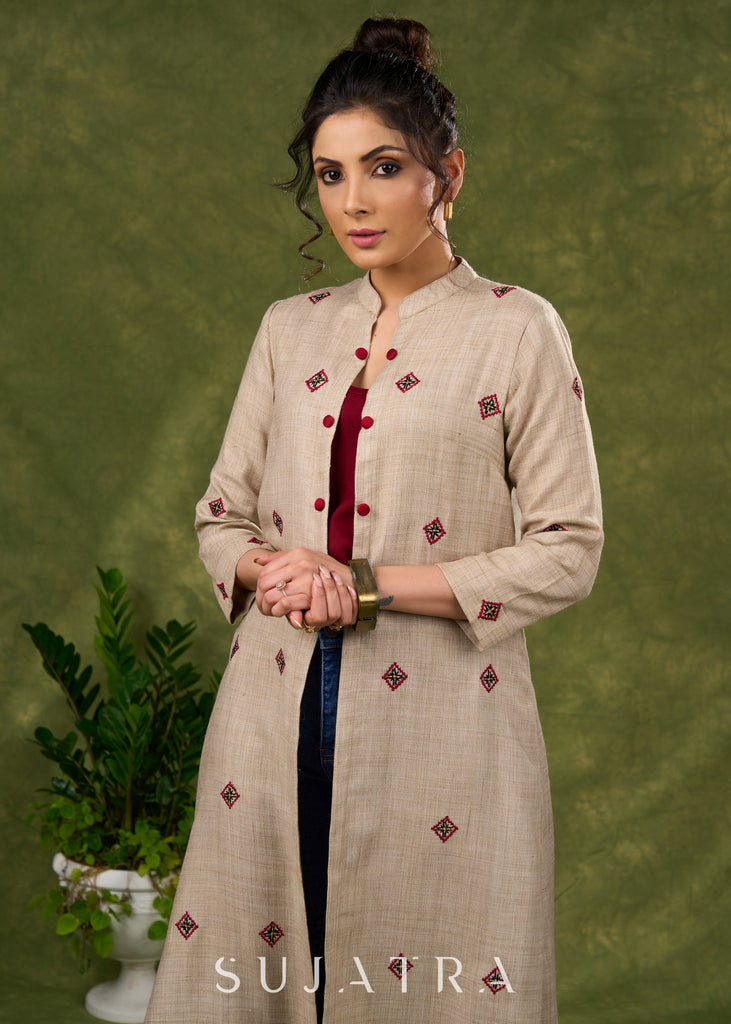Exquisite Beige Long Shrug Showcasing Artisanal Embroidery Techniques Inner Optional