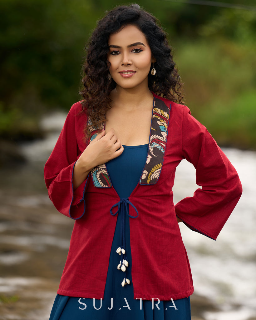 Festive Red Kalamkari Jacket with Shell Tassels – Styled with Rayon Dress