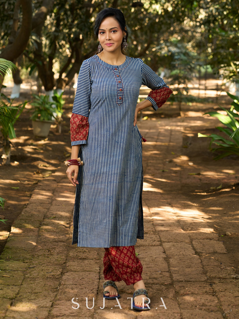Chic Indigo Striped Kurta with Contrast Ajrakh Sleeves and Handcrafted Detailing on Neckline