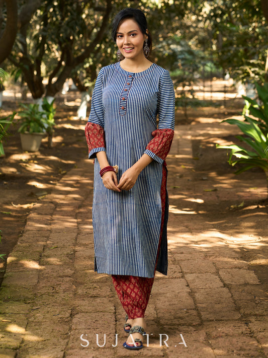 Chic Indigo Striped Kurta with Contrast Ajrakh Sleeves and Handcrafted Detailing on Neckline