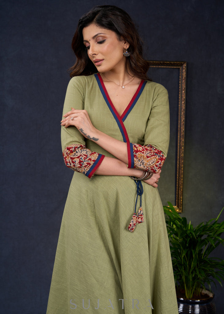 Exclusive-Sage-Green-Cotton-A-Line-Kurta-With-Kalamkari-Combination-Pant-Optional