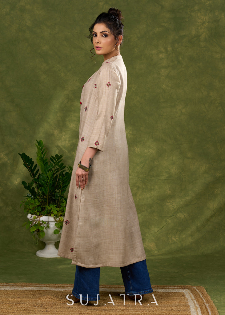 Exquisite Beige Long Shrug Showcasing Artisanal Embroidery Techniques Inner Optional