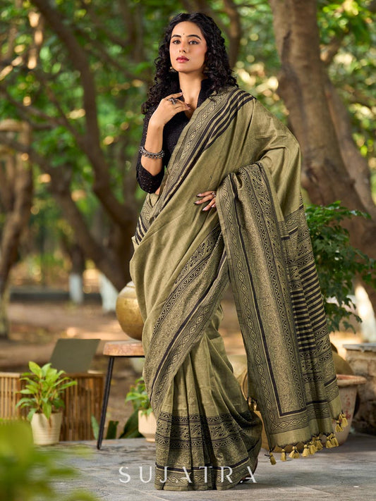 Natural Sage Green Cotton Saree with Traditional Black Hand Block Printed Border