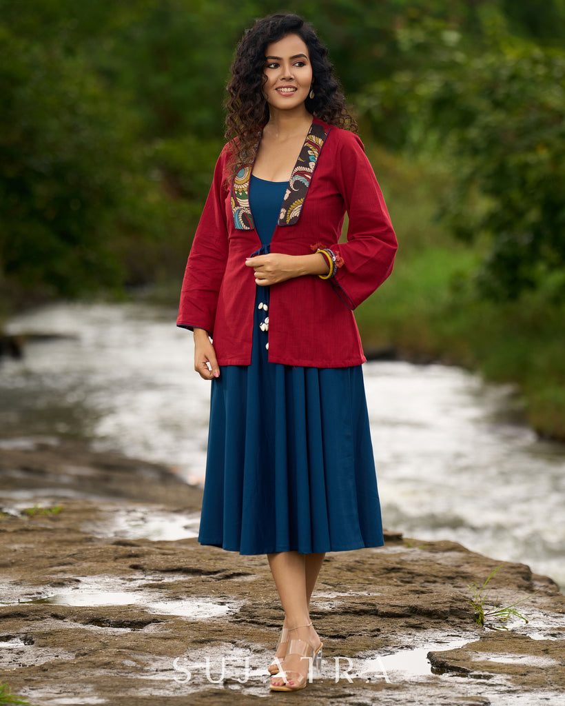 Festive Red Kalamkari Jacket with Shell Tassels – Styled with Rayon Dress