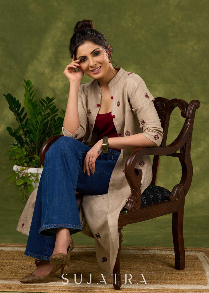 Exquisite Beige Long Shrug Showcasing Artisanal Embroidery Techniques Inner Optional