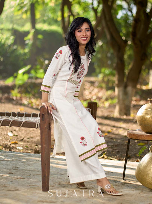 Graceful White Cotton Panel Kurta with Delicate Floral Hand Block Motifs