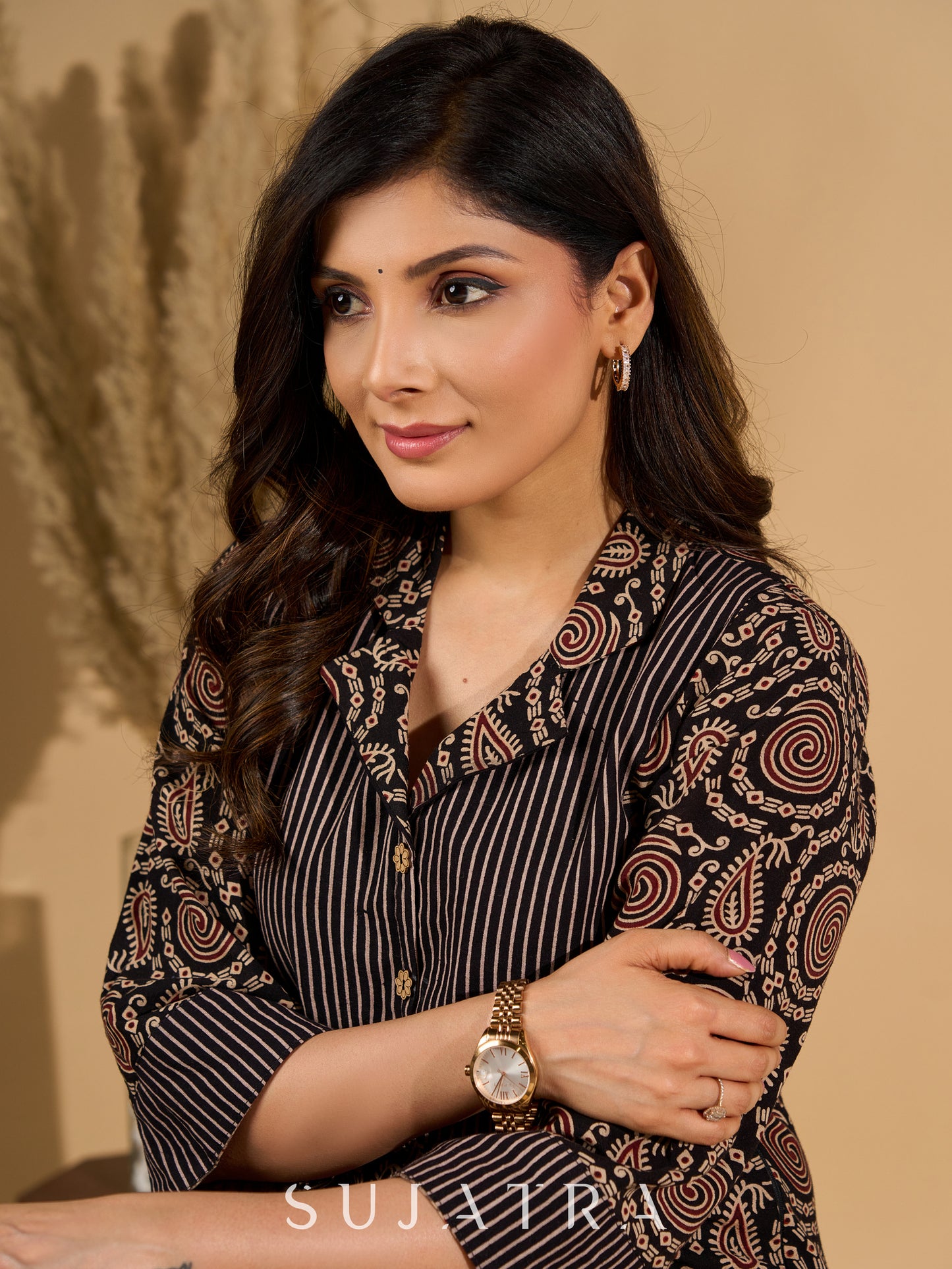 Bold Black Ajrakh Printed Cotton Kurta with Linear Yoke and Cuff Detailing