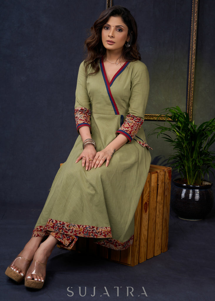 Exclusive-Sage-Green-Cotton-A-Line-Kurta-With-Kalamkari-Combination-Pant-Optional