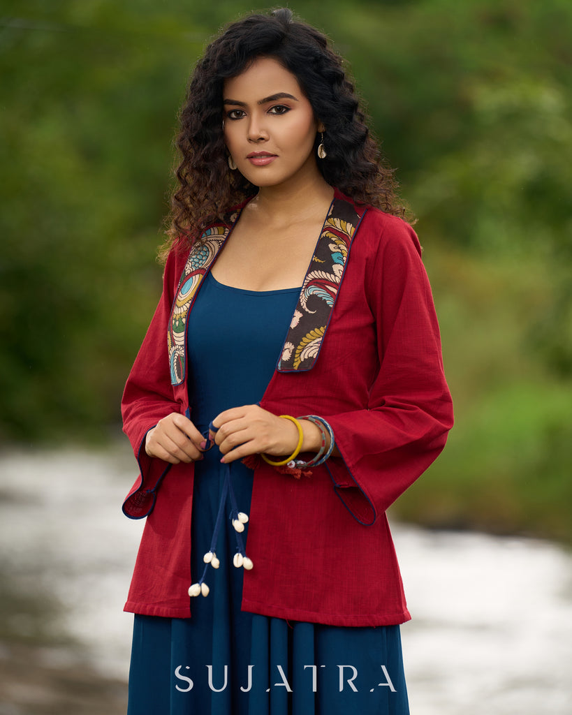Festive Red Kalamkari Jacket with Shell Tassels – Styled with Rayon Dress