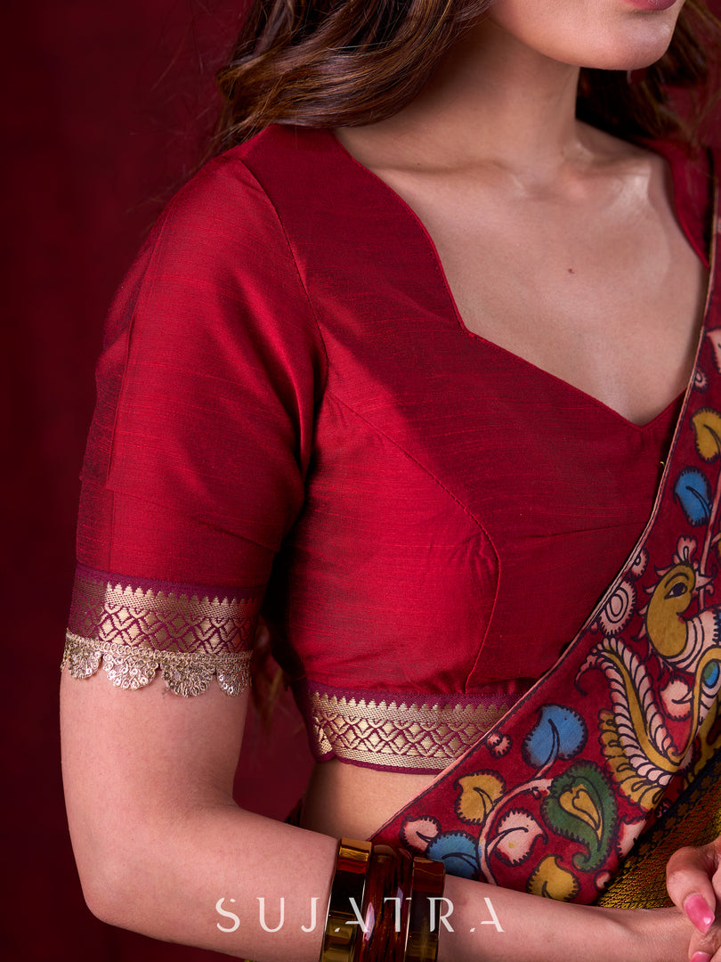 Midnight Black Tissue Saree featuring Maroon Accents & Artisanal Kalamkari and Elegant Zari Border