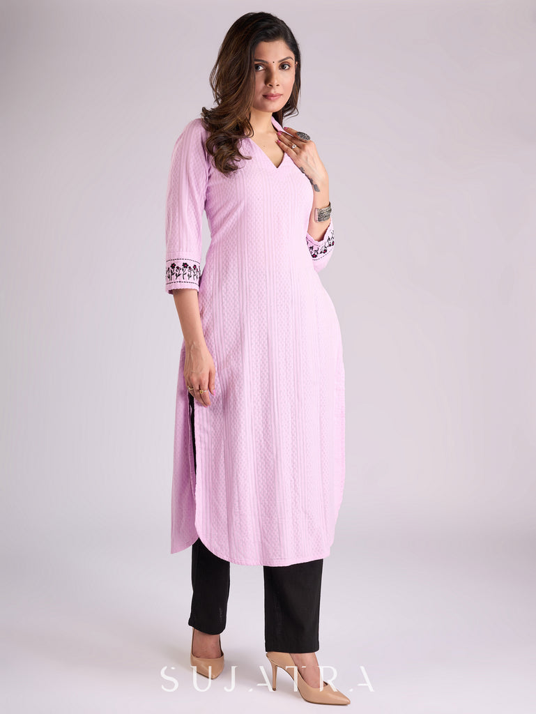 Lustrous Lavender Cotton Kurta with Intricately Embroidered Sleeves