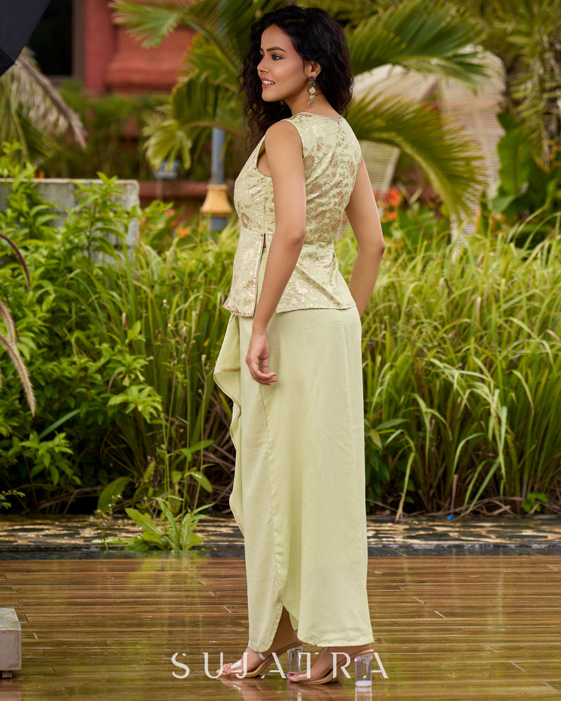 Pastel Green Festive Drape Skirt with Brocade Top