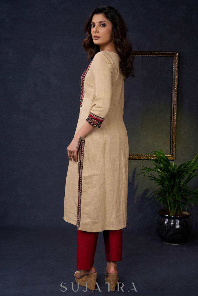 Elegant-Beige-Cotton-Straight-Cut-Ajrakh-Combination-Kurta--Pant-Optional