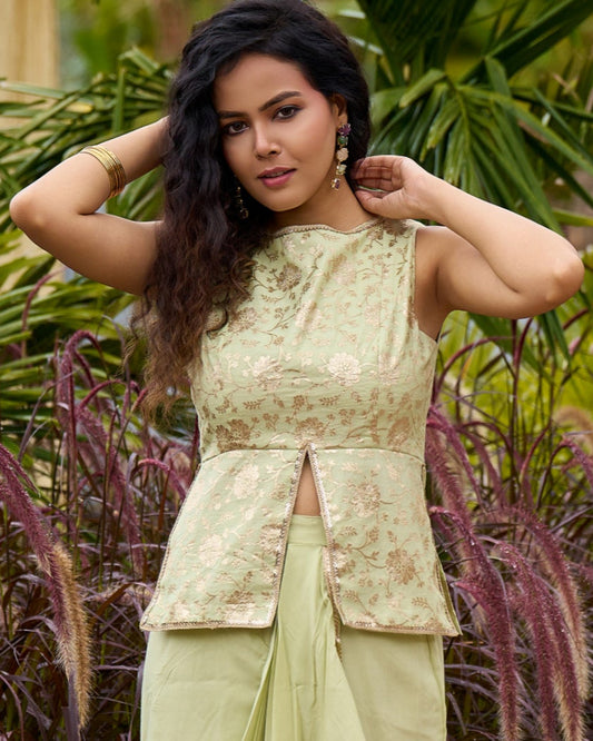 Sophisticated Pastel Green Brocade Top with Contemporary Front Slit