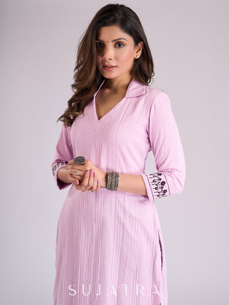 Lustrous Lavender Cotton Kurta with Intricately Embroidered Sleeves