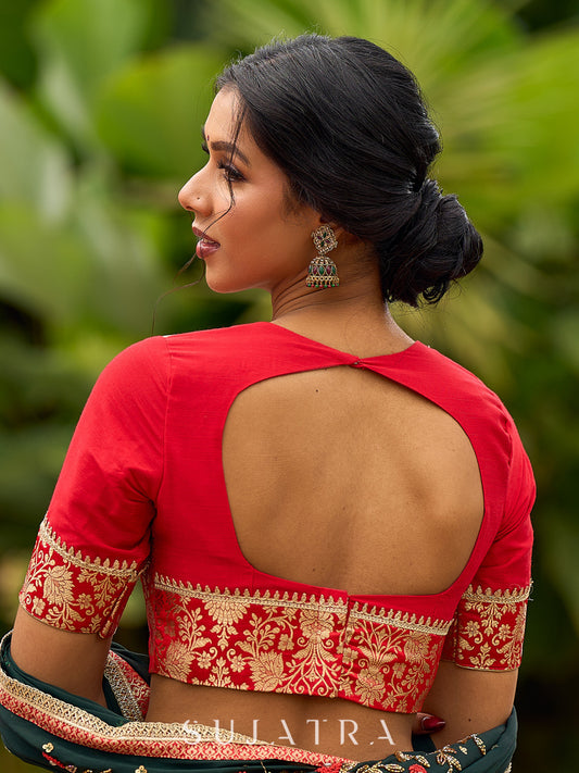 Timeless Red Cotton Silk Blouse with Brocade Combination & V-Neckline with Gold Lace Accent