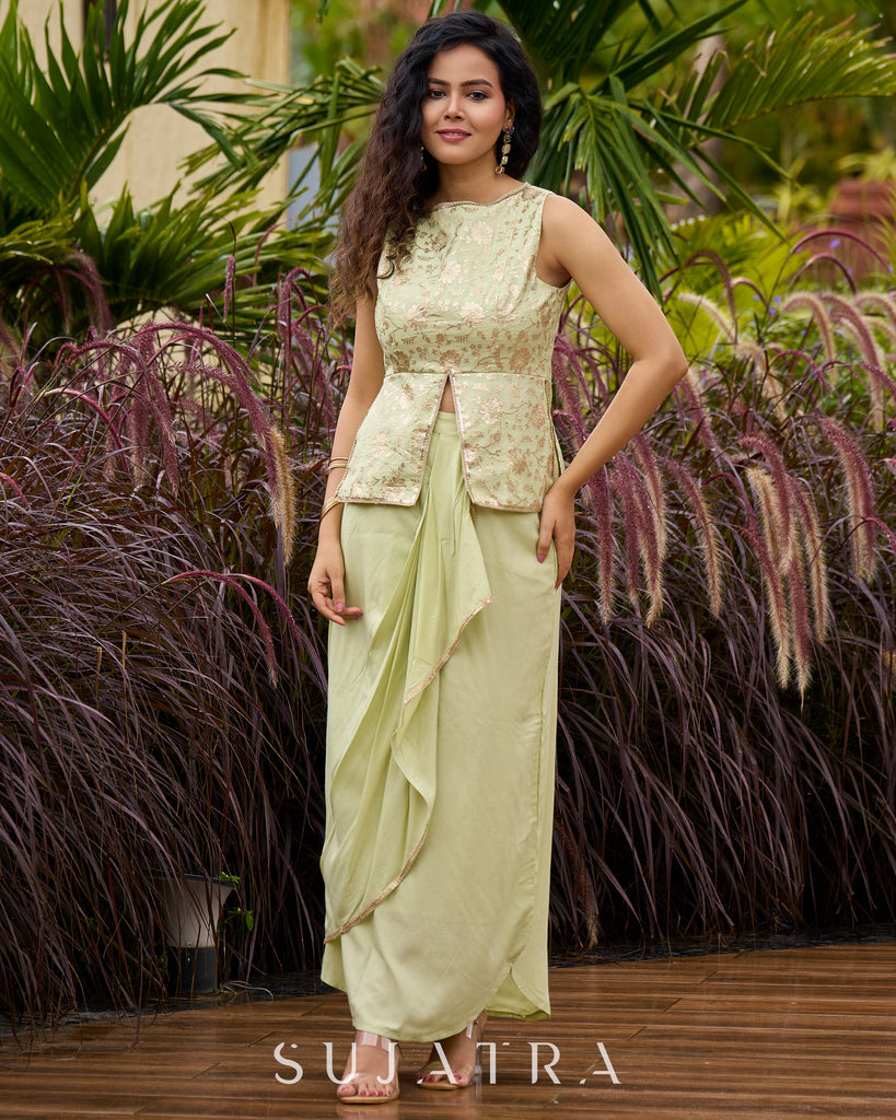 Pastel Green Festive Drape Skirt with Brocade Top