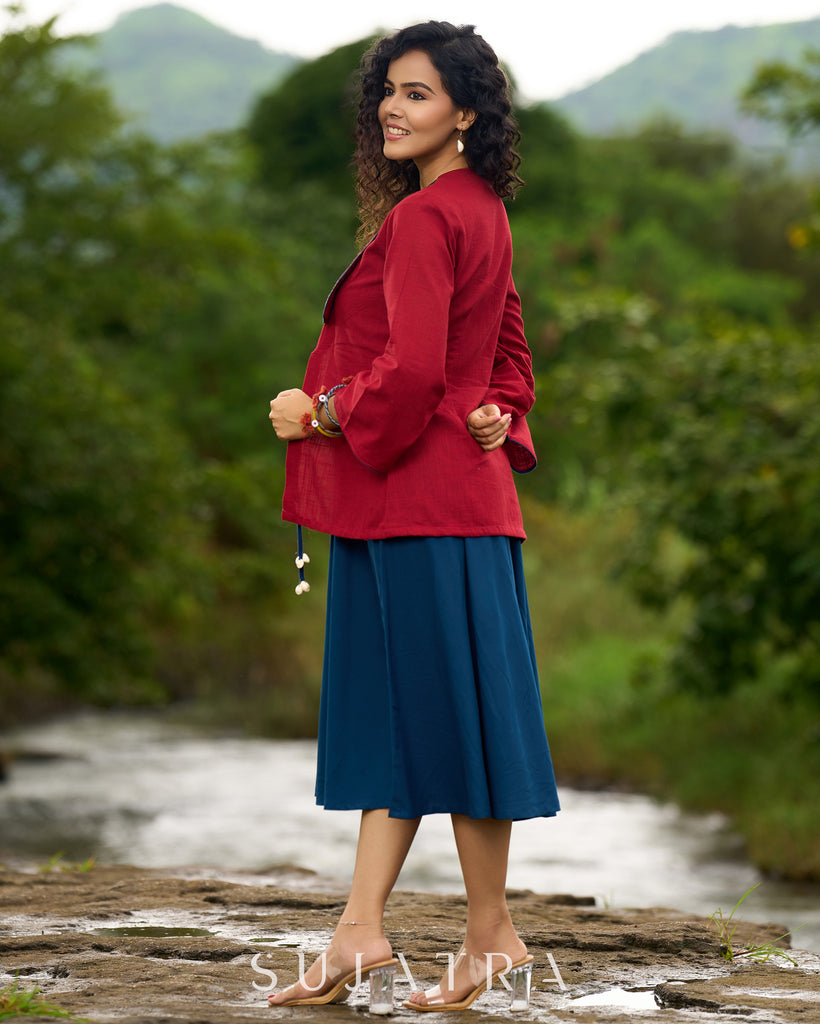 Radiant Maroon Cotton Boho Jacket with Kalamkari Border & Shell Embellishments
