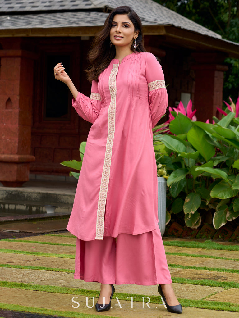 Elegant Baby pink rayon kurta delicately highlighted with lace detailing-pant optional
