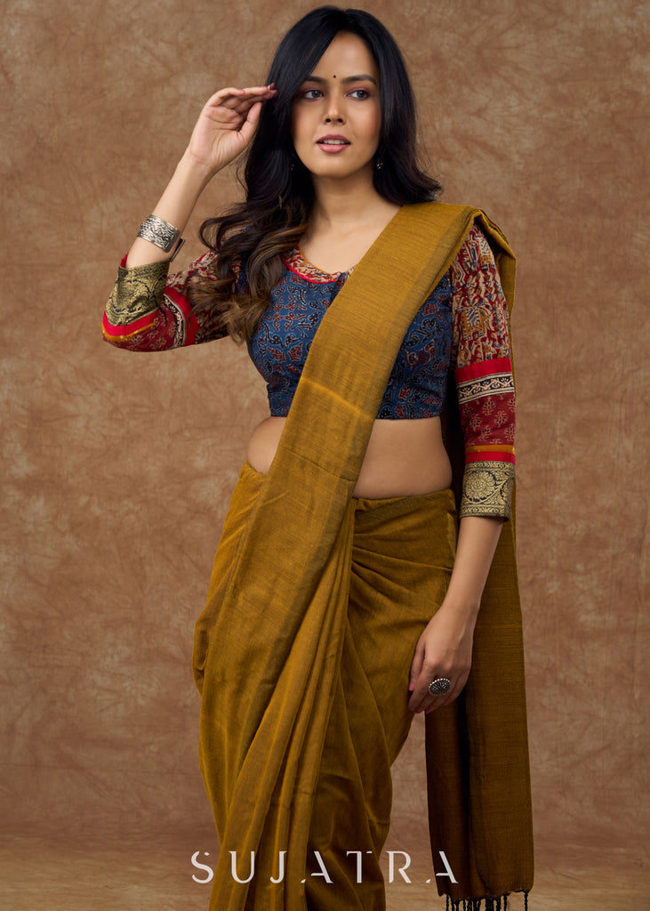 Timeless elegance : Blue Ajrakh blouse with intricate kalamkari , Ajrakh & brocade details - true masterpiece of traditional craftsmanship