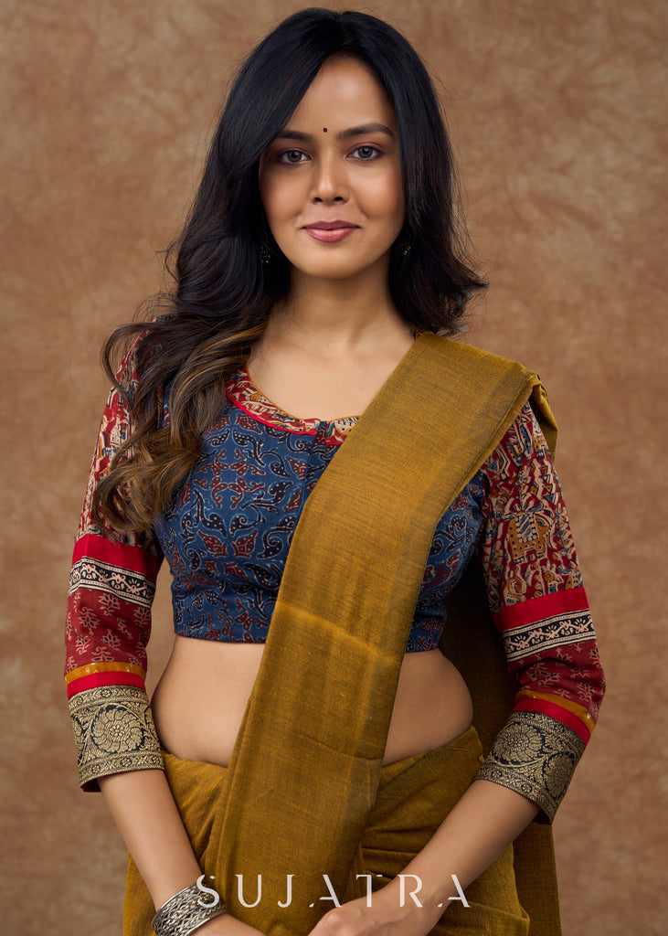 Timeless elegance : Blue Ajrakh blouse with intricate kalamkari , Ajrakh & brocade details - true masterpiece of traditional craftsmanship