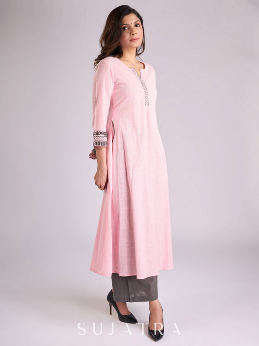 Elegant Pink Cotton Kurta with Exquisitely Embroidered Neckline & Sleeves