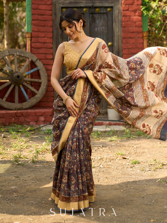 Graceful pure Chanderi saree with intricate hand block prints and contrast pallu