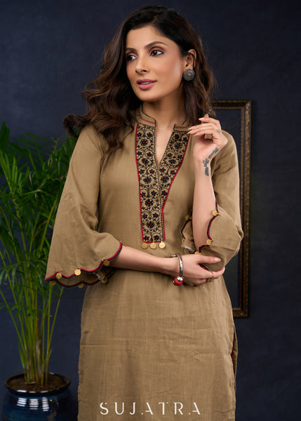 Dark Beige Cotton Tunic With Floral Embroidery And Elegant Cut-Work Sleeves - Pant Optional