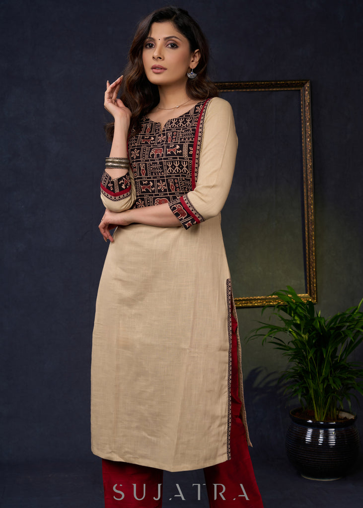 Elegant-Beige-Cotton-Straight-Cut-Ajrakh-Combination-Kurta--Pant-Optional