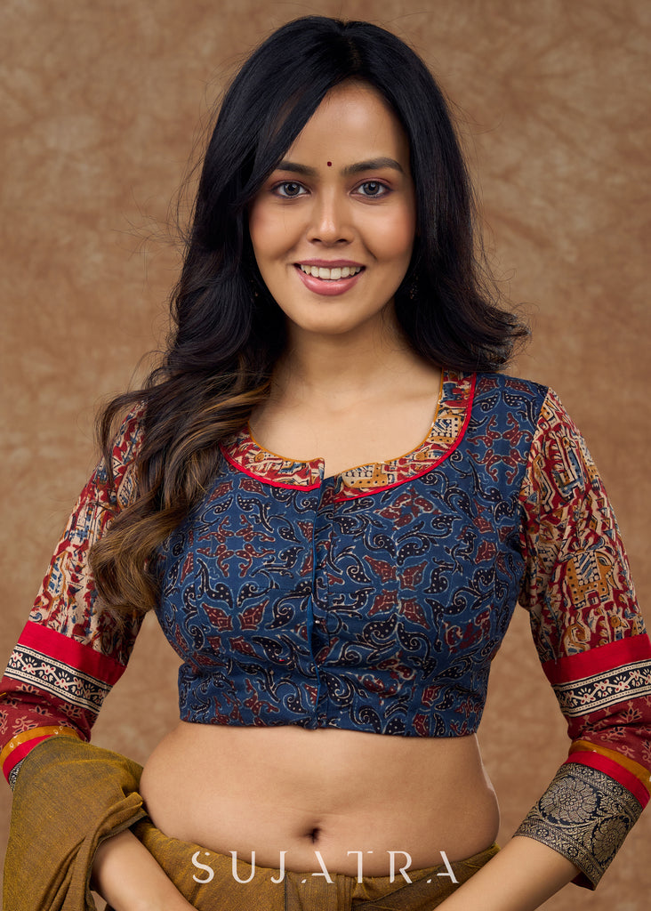 Timeless elegance : Blue Ajrakh blouse with intricate kalamkari , Ajrakh & brocade details - true masterpiece of traditional craftsmanship