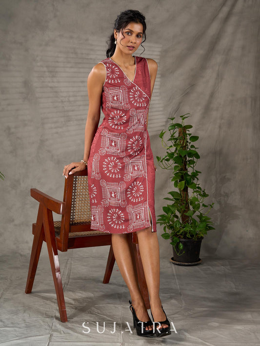Terracotta warli printed overlap dress with off white accents