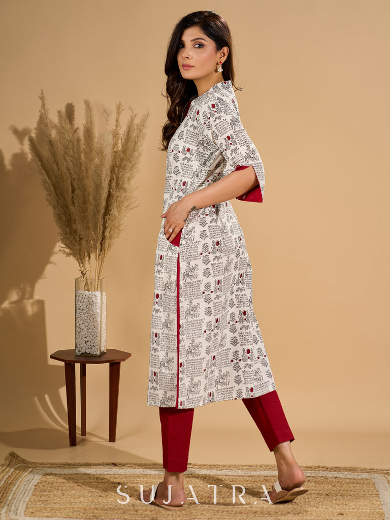 White Radiance Mul Cotton Kurta with Opulent Maroon Detailing