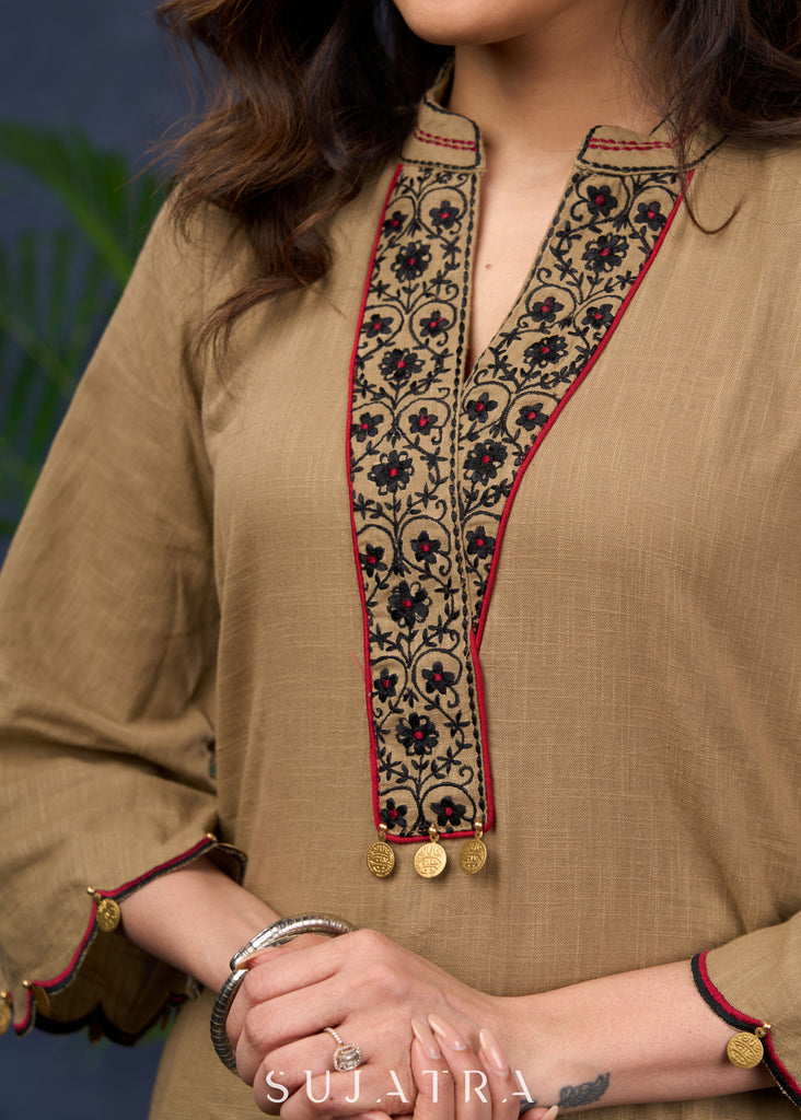Dark Beige Cotton Tunic With Floral Embroidery And Elegant Cut-Work Sleeves - Pant Optional