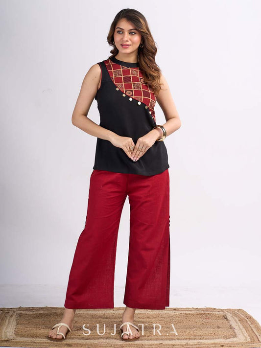 Black Ethnic Top with Asymmetric Ajrakh Panel and Coin Embellishment