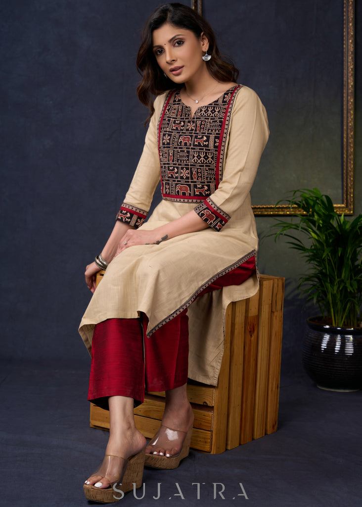 Elegant-Beige-Cotton-Straight-Cut-Ajrakh-Combination-Kurta--Pant-Optional
