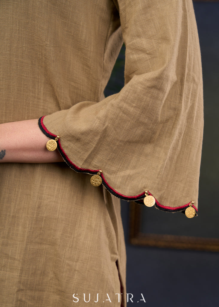 Dark Beige Cotton Tunic With Floral Embroidery And Elegant Cut-Work Sleeves - Pant Optional