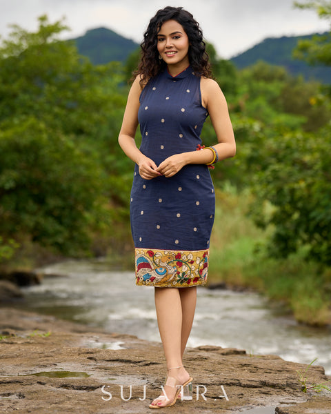 Jamdani design Blue Halter Dress with Hand-Painted Kalamkari Border - Kalamkari Jacket Additional
