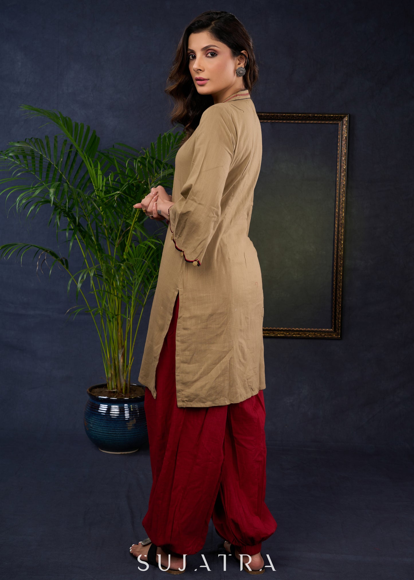 Dark Beige Cotton Tunic With Floral Embroidery And Elegant Cut-Work Sleeves - Pant Optional