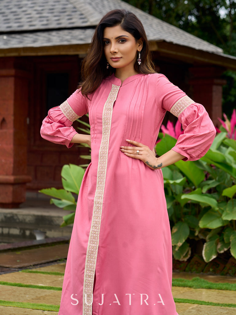 Elegant Baby pink rayon kurta delicately highlighted with lace detailing-pant optional