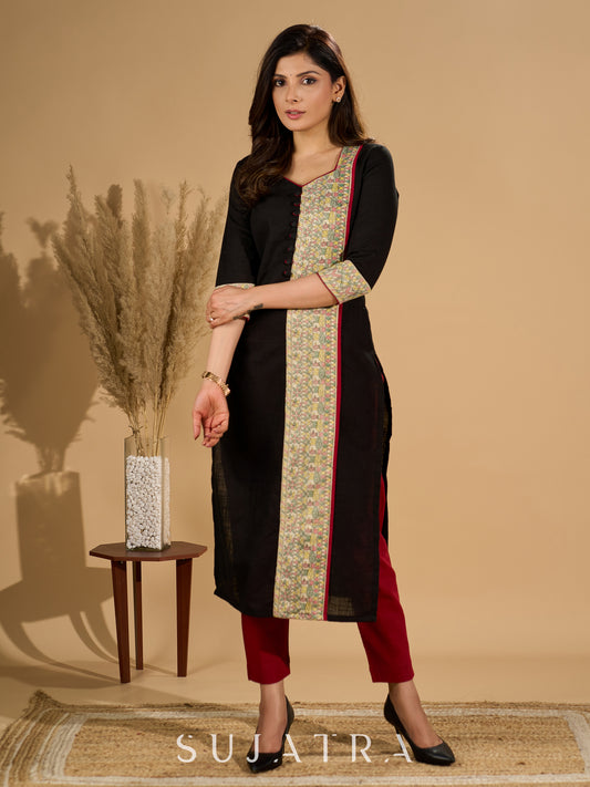 Ebon Elegance Kurta with Maroon Lining and Madhubani Charm